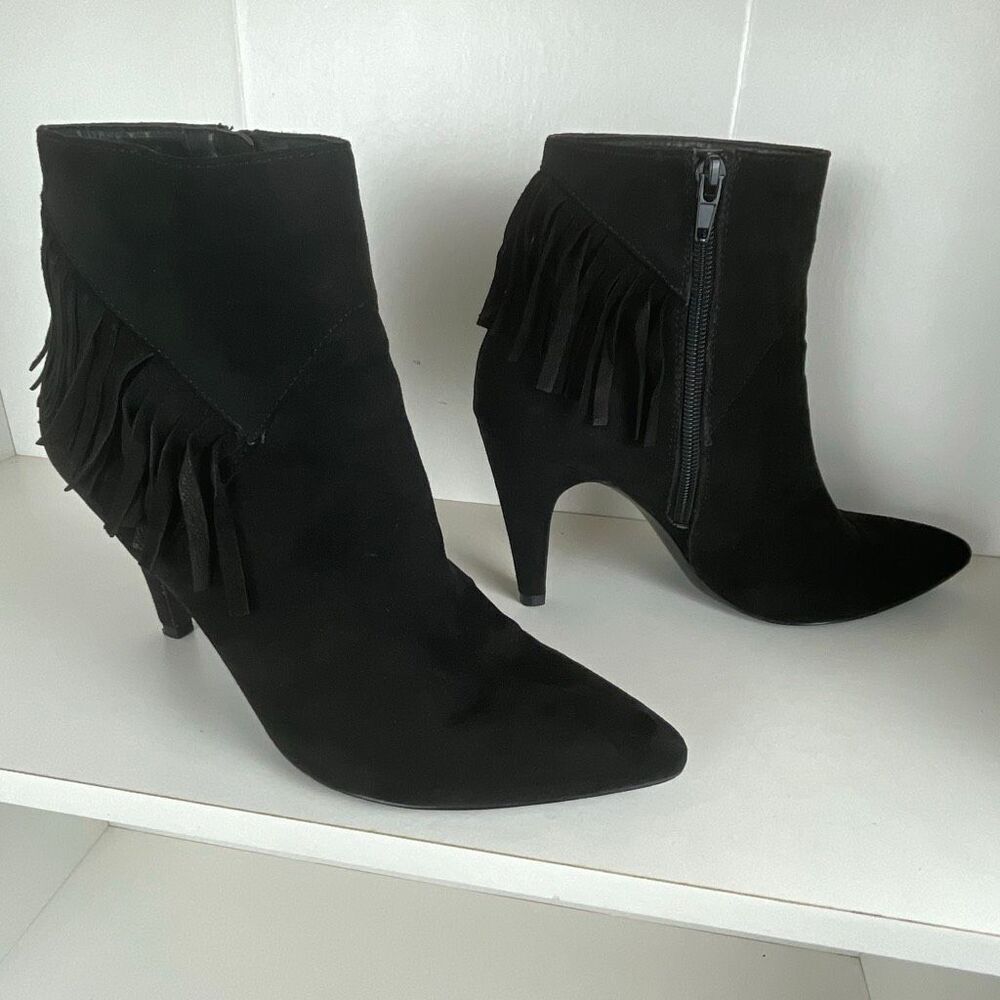 Nine West Pureheart2 Fringe Trim Ankle Boots 7.5 Black